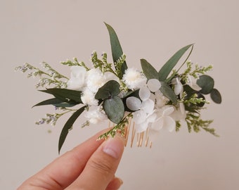 Boho wedding hair accessories,Eucalyptus+Hydrangea+White+Green Dry Flower Hair Comb,Natural dried flower mixed bridal hair accessories