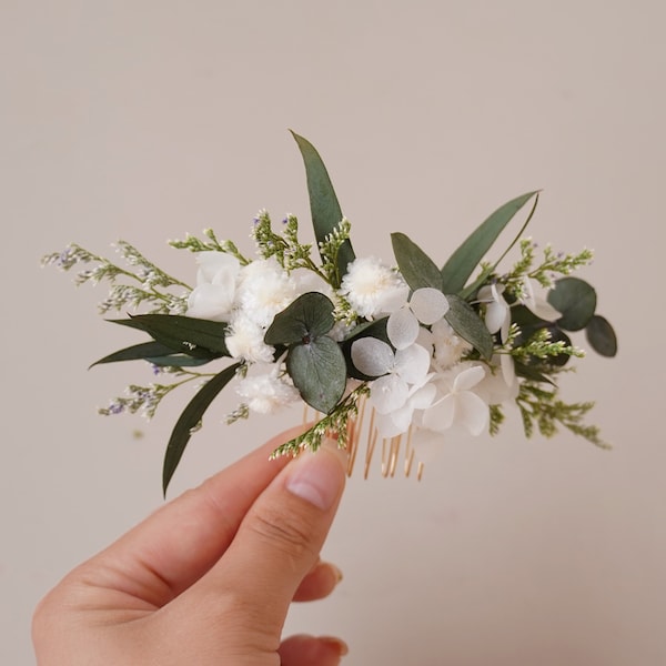 Boho wedding hair accessories,Eucalyptus+Hydrangea+White+Green Dry Flower Hair Comb,Natural dried flower mixed bridal hair accessories