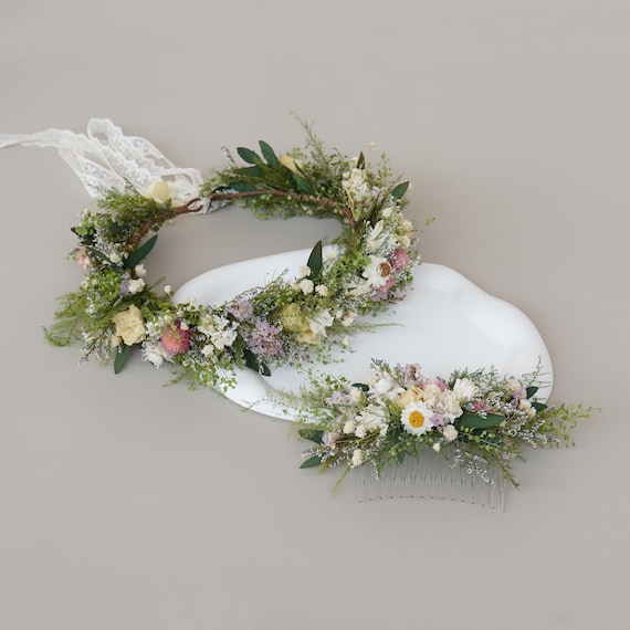 Accesorios para el cabello de novia con flores secas naturales