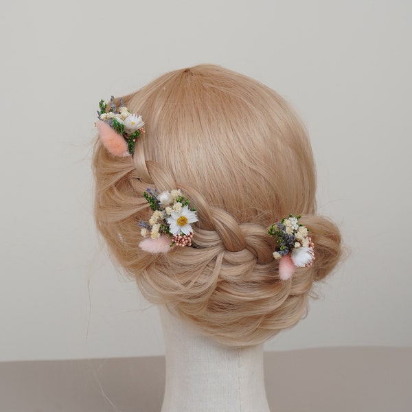 Pink+White Dried flower hair pins,Bridal hair accessories,Boho hair piece,Real flower accessoriesr,Dried Flower daisy hair pin