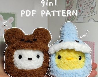 9 in 1 Küken und Marshmallow in 9 verschiedenen abnehmbaren Kostümen | Pdf Download Muster | Mini-Amigurumi-Muster | Leicht zu häkeln