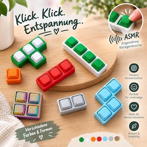 Könnte beinhalten: Ein Set aus Fidget-Spielzeugen bestehend aus mechanischen Tastatur-Switches in verschiedenen Formen und Farben, darunter Weiß, Grün, Rot, Orange, Blau, Silber und irisierende Oberflächen in unterschiedlichen Anordnungen.