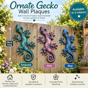 May include: Three gecko wall plaques in turquoise, pink, and blue, each measuring 36 cm long. The geckos feature black floral patterns, large dark eyes, and curled tails. Text on the image reads Ornate Gecko Wall Plaques, Available in 3 colours.