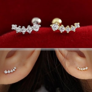 5-Stone Curve Bar Stud, 925 sterlingzilveren gouden oorklimmer, helix piercing ringstekker oorkraakbeen, schroefbal achterkant barbell oorknopjes