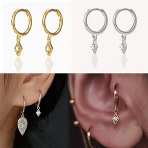 Silver / Gold Diamond Disc Charm Hoop Earrings, 925 Solid Sterling Silver Rhombus Drop Dangle Hoop Ring, Anniversary Gift, Sleeper Earrings