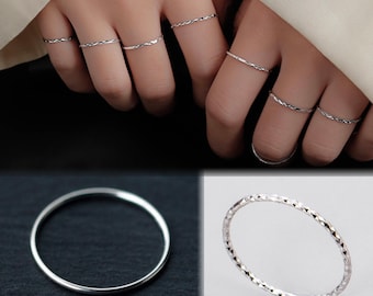925 Solid Sterling Silver Band Ring, Minimalist Thin Band Ring, Plain / Stardust / Diamond Cut Band, Stackable Ring, Knuckle Ring, Midi Ring
