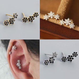 925 Sterling Silver / Gold Trinity Flower Ear Climber Earrings, Black / White CZ Ear Cartilage / Segment / Helix Piercing Bar Stud Earrings