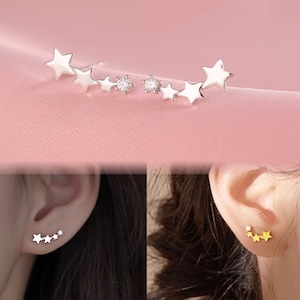 925 Sterling Silver / Gold Graduated Star Curved Line Bar Ear Climber Earrings, Ear Cartilage / Helix / Lobe Piercing Bar Stud Earrings
