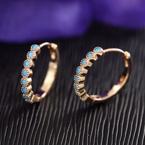 Blue Turquoise Rose Gold Hoops, 18K Rose Gold Filled Dotted Bezel Band Hoop Earrings, Ladies Girls Gift,  Round Hoop Huggie Sleeper Earrings