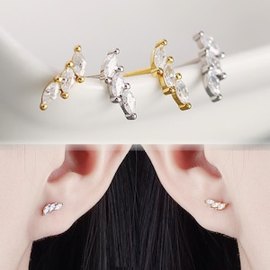 925 Sterling Silver / Gold Trinity 3-Marquise mini Ear Climber, Ear Cartilage / Segment / Helix / Conch Piercing Bar Stud,  Small Earrings