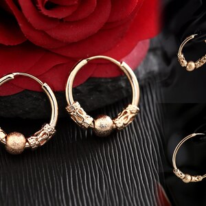 9K Rose Gold Filled Hoop Earrings, Vintage Filigree Earrings, Handmade Bead Ball Earrings, Ladies Girls Gifts, Rose Sleeper Hoop Earrings