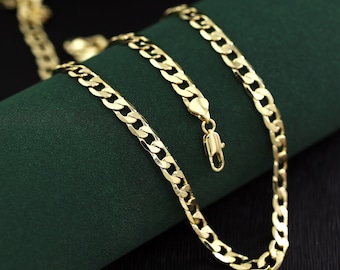 9K Yellow Gold Filled Curb Chain Necklace, Mens Womens Flat Curb Links Chain Necklace, Plain Gold Chain, 7mm Width Curb Chain 50cm /  55cm