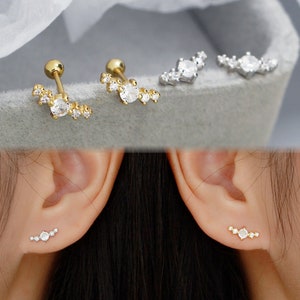 925 Sterling Silver / Gold 5-Stone Ear Climber, Ear Cartilage Segment Helix Conch Piercing Ring Stud, Screw Ball Back Barbell Stud Earrings