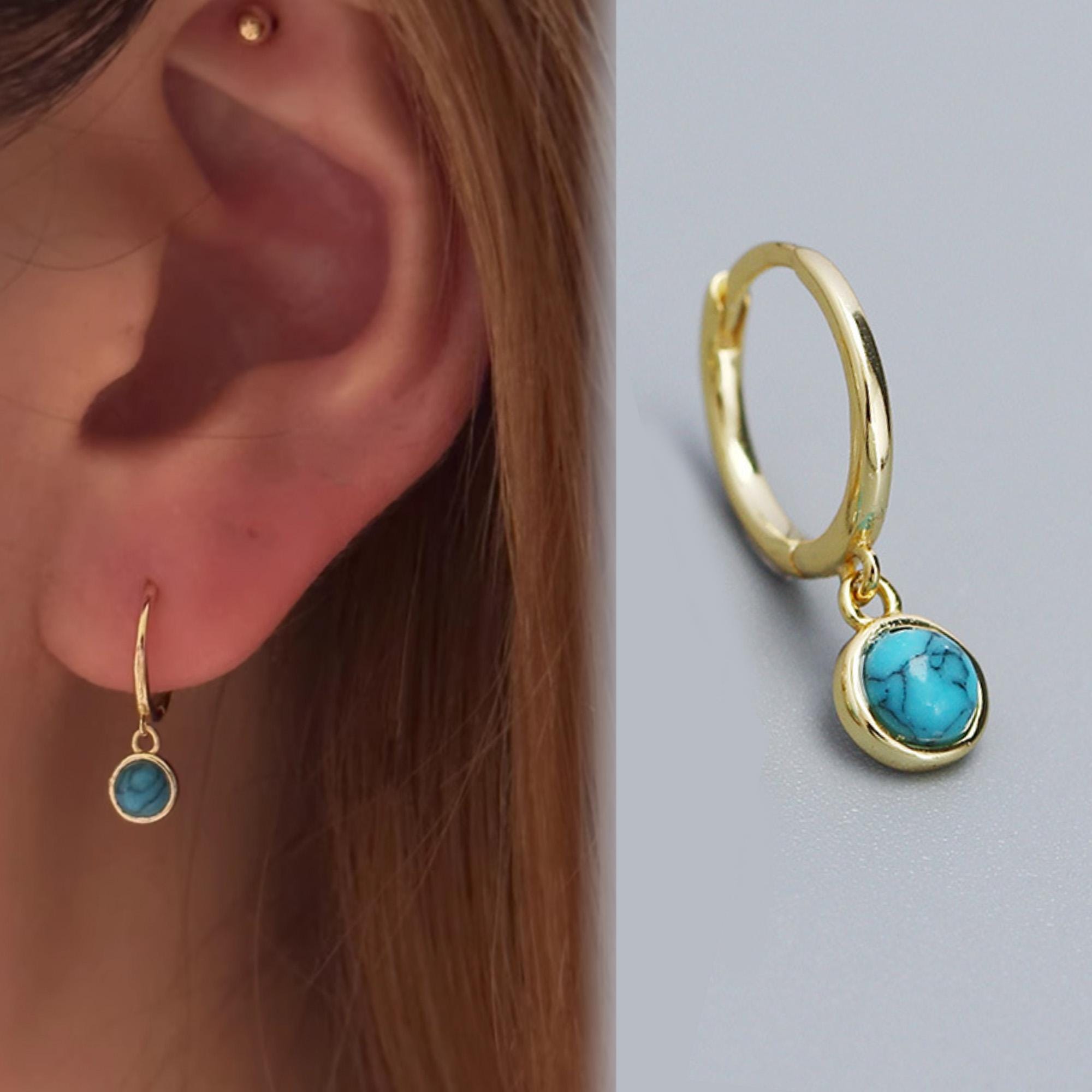 925 Sterling Silver Turquoise Black Agate Moonstone Drop Hoop Earrings