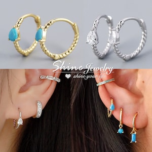 925 Solid Sterling Silver Turquoise CZ Droplet Twist Band Ring Piercing Hoop Ring, Helix Hoop Earring, Conch Hoop, Sleeper Hoop Earrings