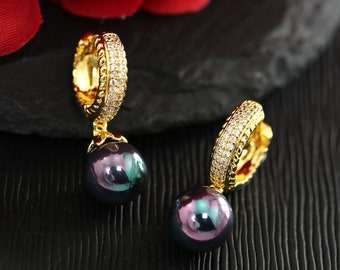 Black Pearl Dangle Gold Hoop Earrings,  9K Yellow Gold Filled 10mm Black Pearl Drop Earrings, Bridal /  Bridesmaid Earrings, Party Earrings