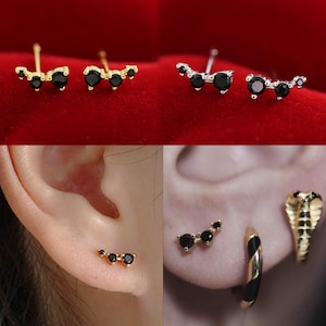 925 Sterling Silver / Gold 3-Stone Gradual Black Onyx Trinity Ear Climber Earrings, Ear Cartilage / Helix / Conch Piercing Bar Stud Earrings