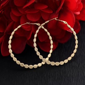 Rose Gold Hoops, 18K Light Rose Gold Filled 50mm Large Hoop Earrings, Graduated Pattern Discs Band, Ladies Womens Gift, Dangle Hoop Earrings