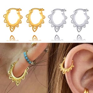 925 Solid Sterling Silver / Gold Vintage Filigree Hoop Earrings, Celtic Hoop, Helix Hoop Earring, Filigree Dangle Earrings, Gift for Her