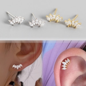 925 Sterling Silver / Gold 5-Stone Marquise Crown Ear Climber Earrings, Ear Cartilage / Segment / Helix / Conch Piercing Bar Stud Earrings