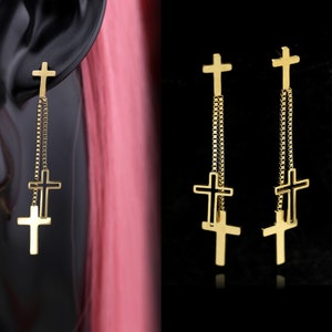 Gold Cross Dangle Earrings, Cross Drop Earrings, Box Chain Cross Tassel Earrings, Statement Earrings, Party Earrings, Punk Long Earrings