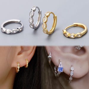 925 Solid Sterling Silver Eternity Hoop, Silver / Gold Teardrop CZ Huggie Earrings, Helix Hoop Ring, Conch Hoop, Sleeper Earrings, Her Gift