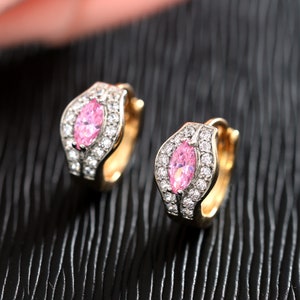 Pink Marquise Small Gold Hoops, 18K Gold Filled Zirconia Hoop Earrings, Ladies Kids Gift, Small Flower Bud Cartilage Helix Hoop Earrings