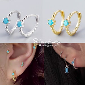 925 Solid Sterling Silver Solitaire Turquoise Small Dots Band Ring Piercing Hoop Ring, Helix Hoop Earring, Conch Hoop, Sleeper Hoop Earrings