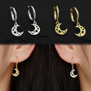 Silver / Gold Moon Star Charm Huggie Hoop Earrings, 925 Solid Sterling Silver Moon Drop Dangle Hoop Ring, Anniversary Gift, Sleeper Earrings