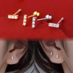 mini Line Bar Stud, 925 Sterling Silver / Gold Ear Climber, Ear Cartilage Helix Piercing Ring Stud, Screw Ball Back Barbell Stud Earrings