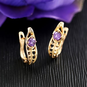Purple Zirconia Floral Oval Hoop Earrings, 18K Champagne Tone Gold Filled Hoop Earrings, Ladies Birthstone Gift, Vintage Filigree Earrings