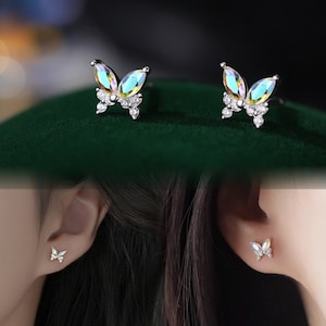 925 Sterling Silver Butterfly Stud Earrings, Colorful Crystal Butterfly Ear Cartilage / Segment / Helix / Conch Piercing Bar Stud Earrings