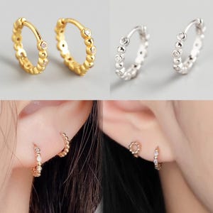 925 Solid Sterling Silver Cute Dots Piercing Hoop Ring, Minimal Bezel CZ Band Ear Piercing Hoop, Helix Hoop Earring, Sleeper Hoop Earrings