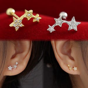 925 Sterling Silver / Gold 3-Star Ear Climber, Ear Cartilage Segment Helix Conch Piercing Ring Stud, Screw Ball Back Barbell Stud Earrings
