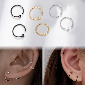 925 Solid Sterling Silver /Gold /Black Bead Ball Open Huggie Hoop Earrings, Ear Hug Cartilage / Helix / Conch Piercing Open Hoop Earrings