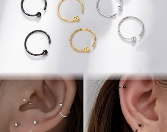 925 Solid Sterling Silver /Gold /Black Bead Ball Open Huggie Hoop Earrings, Ear Hug Cartilage / Helix / Conch Piercing Open Hoop Earrings