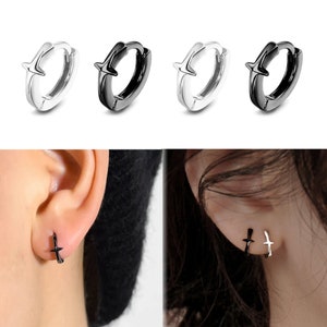 925 Solid Sterling Silver /Black Cross Hoop Earrings, Ear Hug Cartilage / Helix / Conch Piercing Small Hoop Earrings, Sleeper Earrings