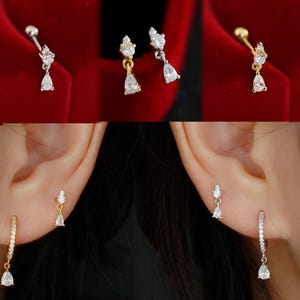 925 Sterling Silver / Gold Cute Droplet Earrings, Ear Cartilage Helix Conch Drop Dangle Piercing Ring, Screw Ball Back Barbell Stud Earrings