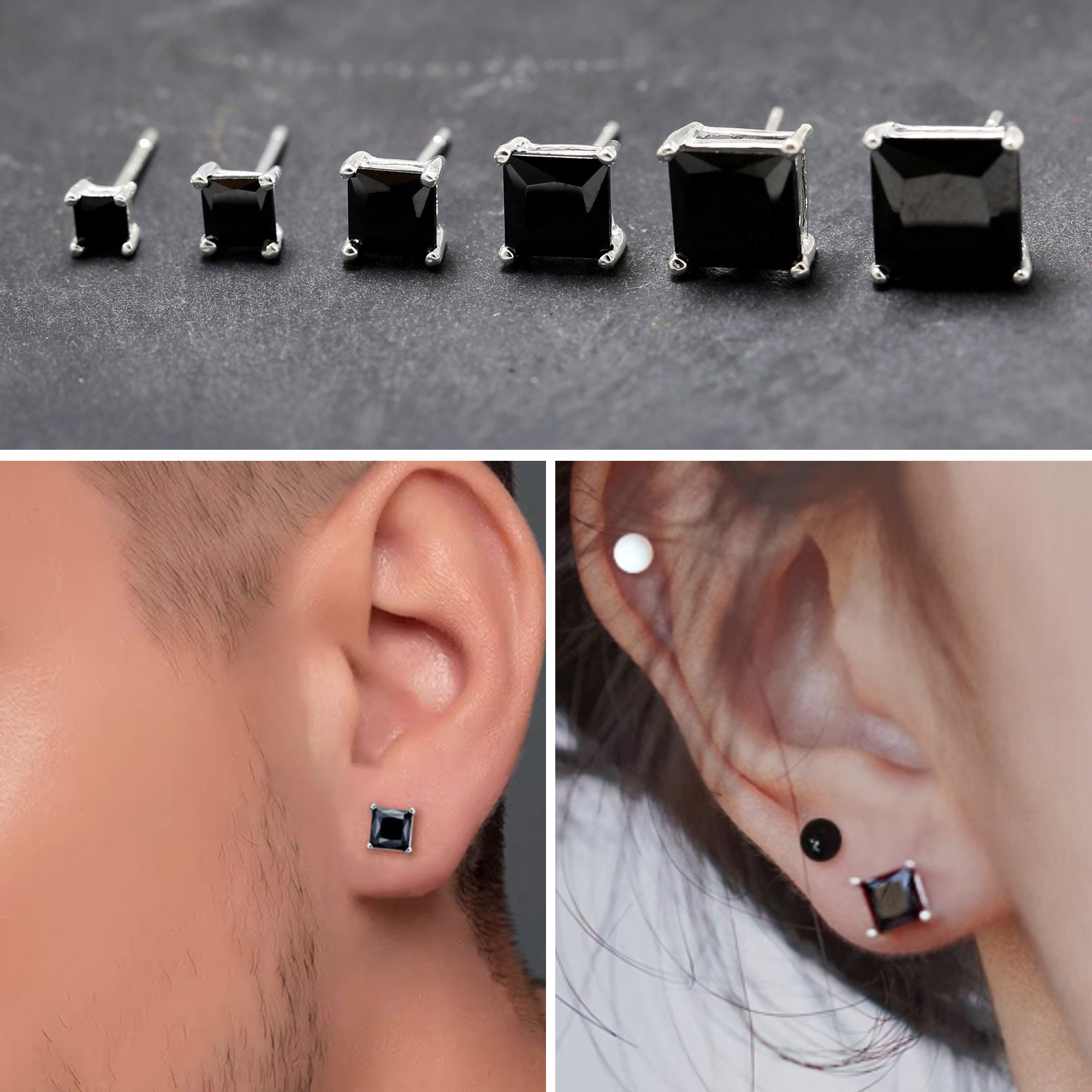 ピアス [BLACKMUSE] Double square cubic point drop Earrings Double Layers Big Square Black Rhombus Metal Fold Drop