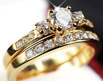 Trilogy 3-Stone 9K Gold Filled Engagement Wedding Ring Set, 1ct Simulated Diamond Wedding Anniversary Eternity Band Rings, Bridal Rings Set