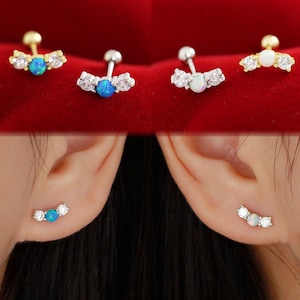 925 Sterling Silver / Gold Opal 3-stone Ear Climber, Ear Cartilage Helix Conch Piercing Ring Stud, Screw Ball Back Barbell Stud Earrings