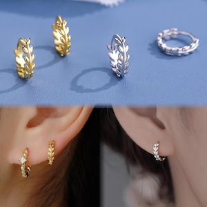 Silver / Gold Leaf Band Hoop Earrings, 925 Solid Sterling Silver Hypoallergenic Sleeper Hoop Earrings, Helix Hoop Ring Piercing, Wheat Hoop
