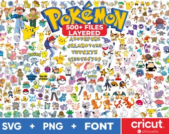 Pokemon SVG Bundle, Pokemon Schrift SVG, Pikachu SVG-Dateien für Cricut und Silhouette, Mew, Snorlax, Eevee, Mewtu Clipart digitaler Download