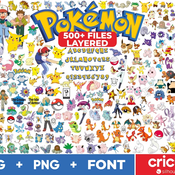Pokemon SVG Bundle, Pokemon Font Svg, Pikachu Svg Files for Cricut and Silhouette, Mew, Snorlax, Eevee, Mewtwo Clipart Digital Download