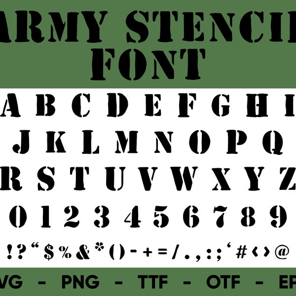 Army Stencil Font SVG, Military Font Svg Files for Cricut and Silhouette, ttf, otf, png, eps, svg Digital Download