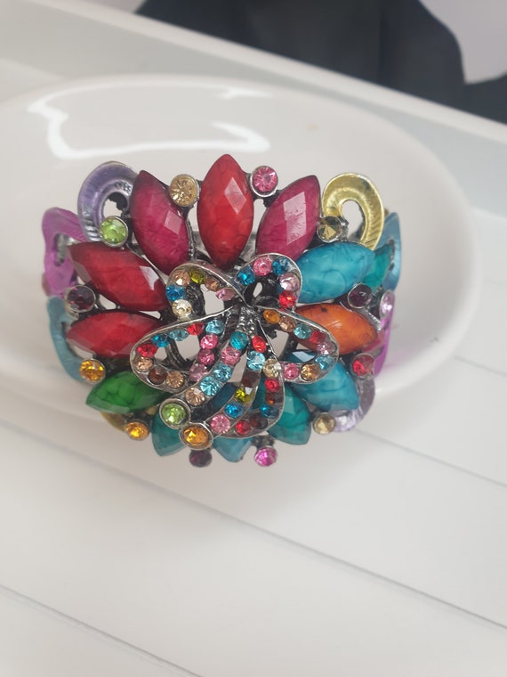 Gemstone Cluster Cuff Bracelet. Statement Multi C… - image 6