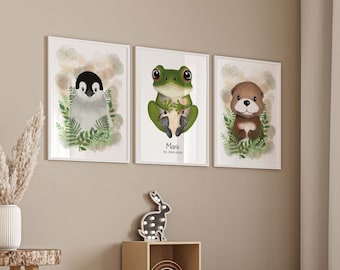 Baby Fußabdruck 3er Set personalisiert, Wandbild Poster Set Baby- oder Kinderzimmer, Baby Geschenk, Pinguin, Frosch, Otter, Waldtiere Poster