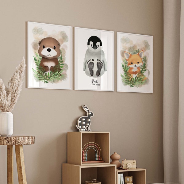 Baby footprint set of 3 personalized, wall picture poster set baby or children's room, baby gift, otter, penguin, fox, animals in balloon