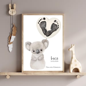 Meine ersten Fußabdrücke Poster Set personalisiert, Babygeschenk Geburt Taufe, Fußabdruck Set Tiermotive Boho beige Kinderzimmer Koala