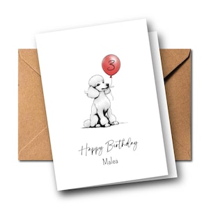 Geburtstagskarte Pudel personalisiert mit Alter und Name – Happy Birthday Karte für Kinder oder Erwachsene – Hund mit Luftballon - A6 Karte